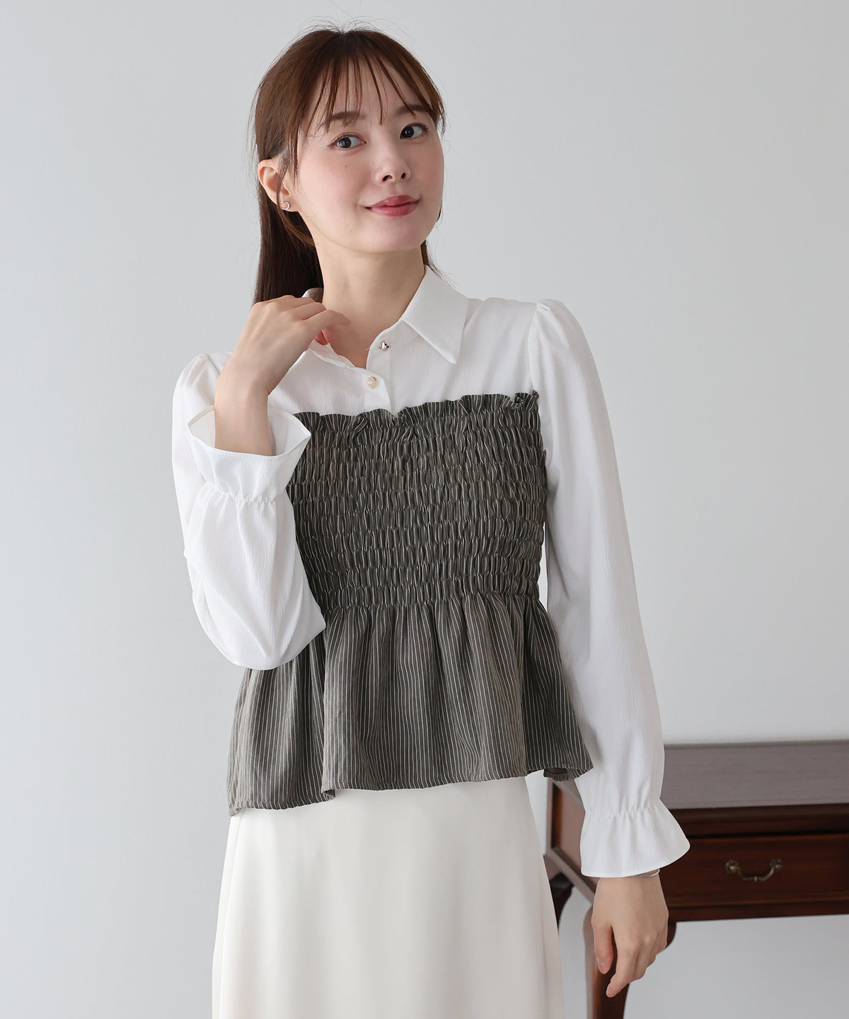 【早割5％OFF】ストライプビスチェレイヤードライクシャツ【メール便】