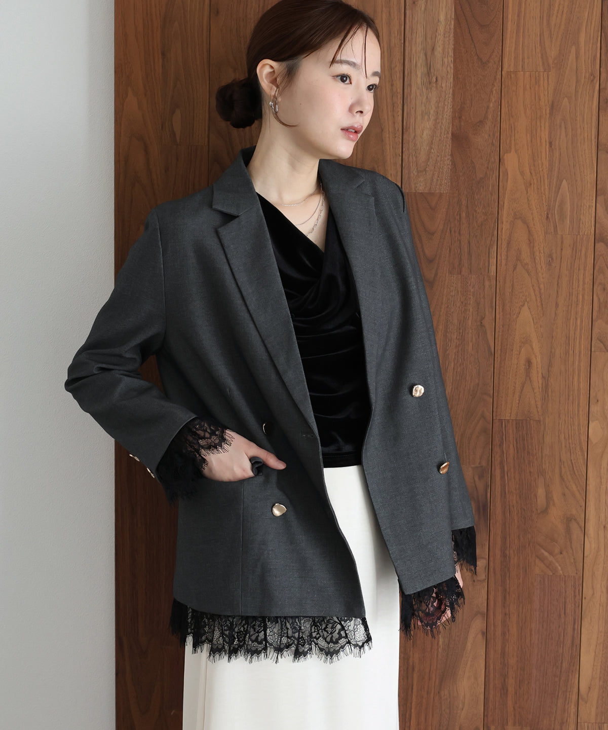 【早割5％OFF】《2サイズ展開》レースドッキングテーラードジャケット
