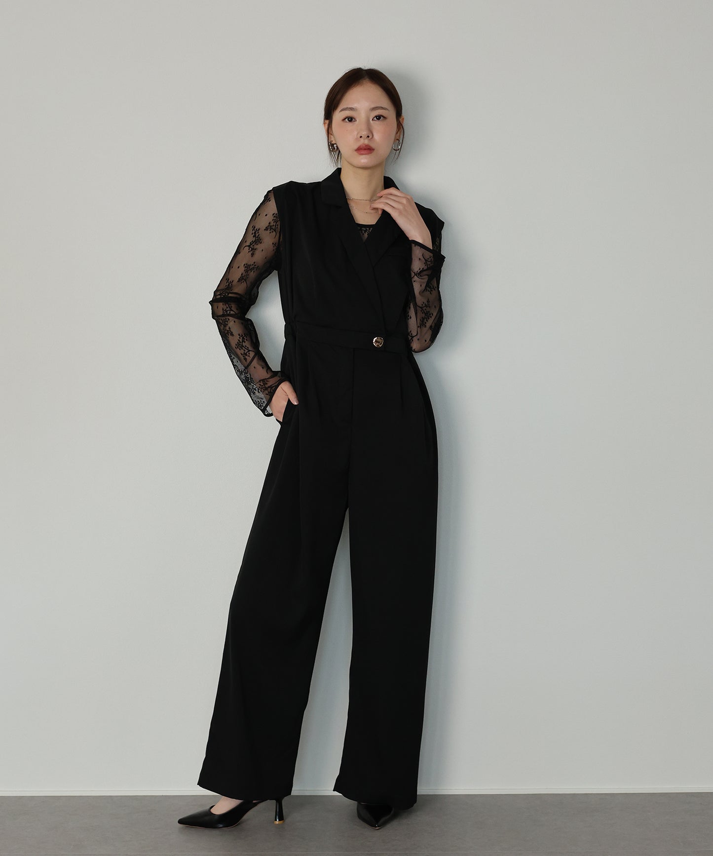 テーラードオールインワンパンツドレス+ジャガードチュールトップスSET