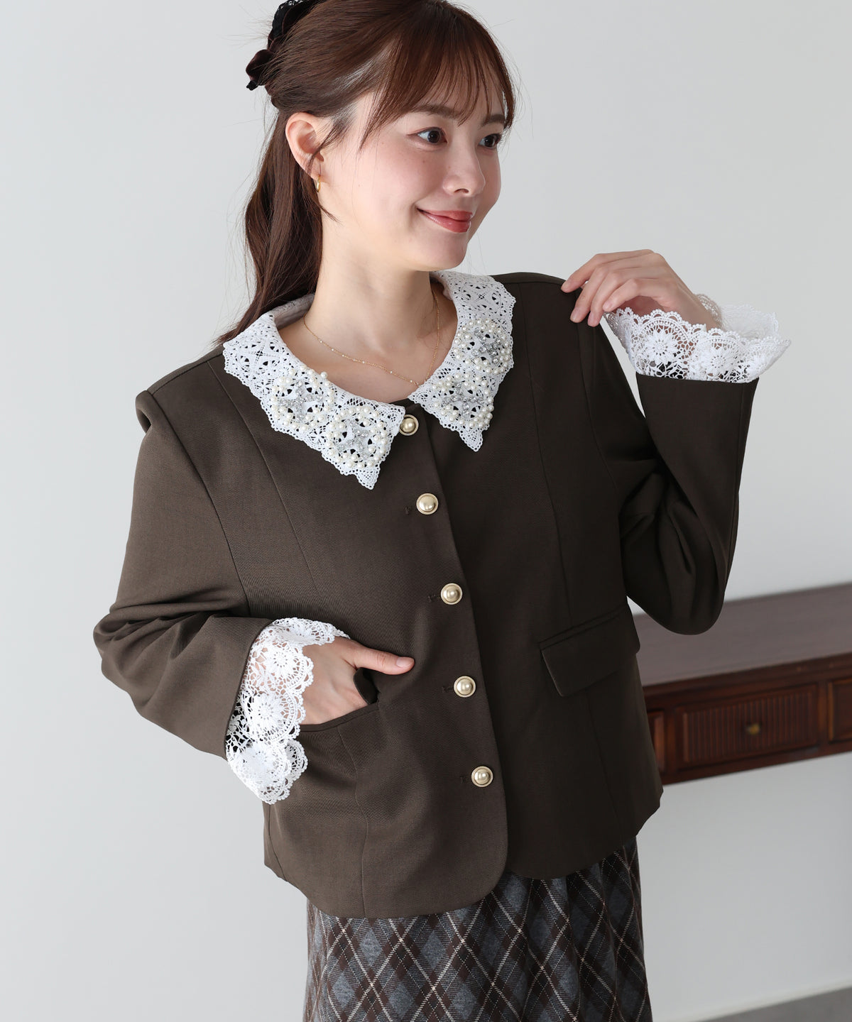 【早割5％OFF】《2サイズ展開/ 2WAY》ビジューレース付ノーカラージャケット