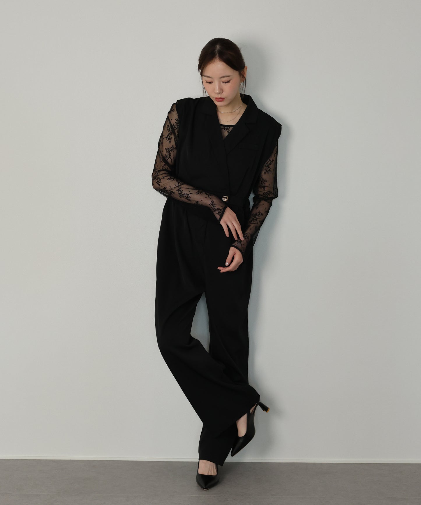 テーラードオールインワンパンツドレス+ジャガードチュールトップスSET