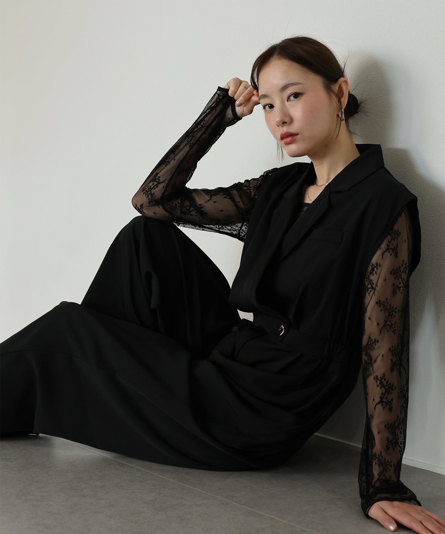 テーラードオールインワンパンツドレス+ジャガードチュールトップスSET