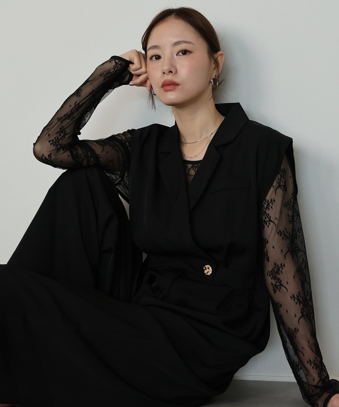 テーラードオールインワンパンツドレス+ジャガードチュールトップスSET