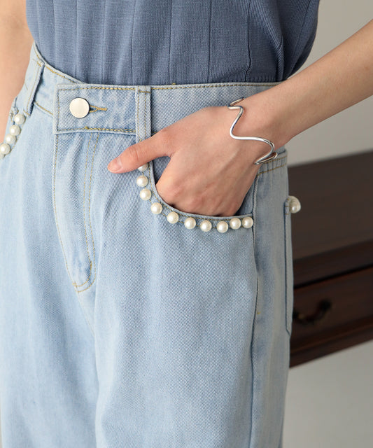 【TIME SALE】パール付きハイウエストデニムパンツ