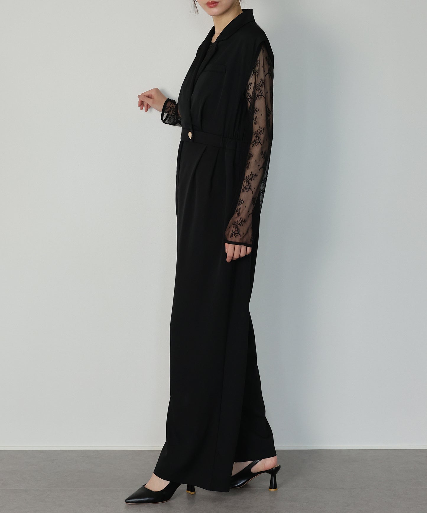 テーラードオールインワンパンツドレス+ジャガードチュールトップスSET