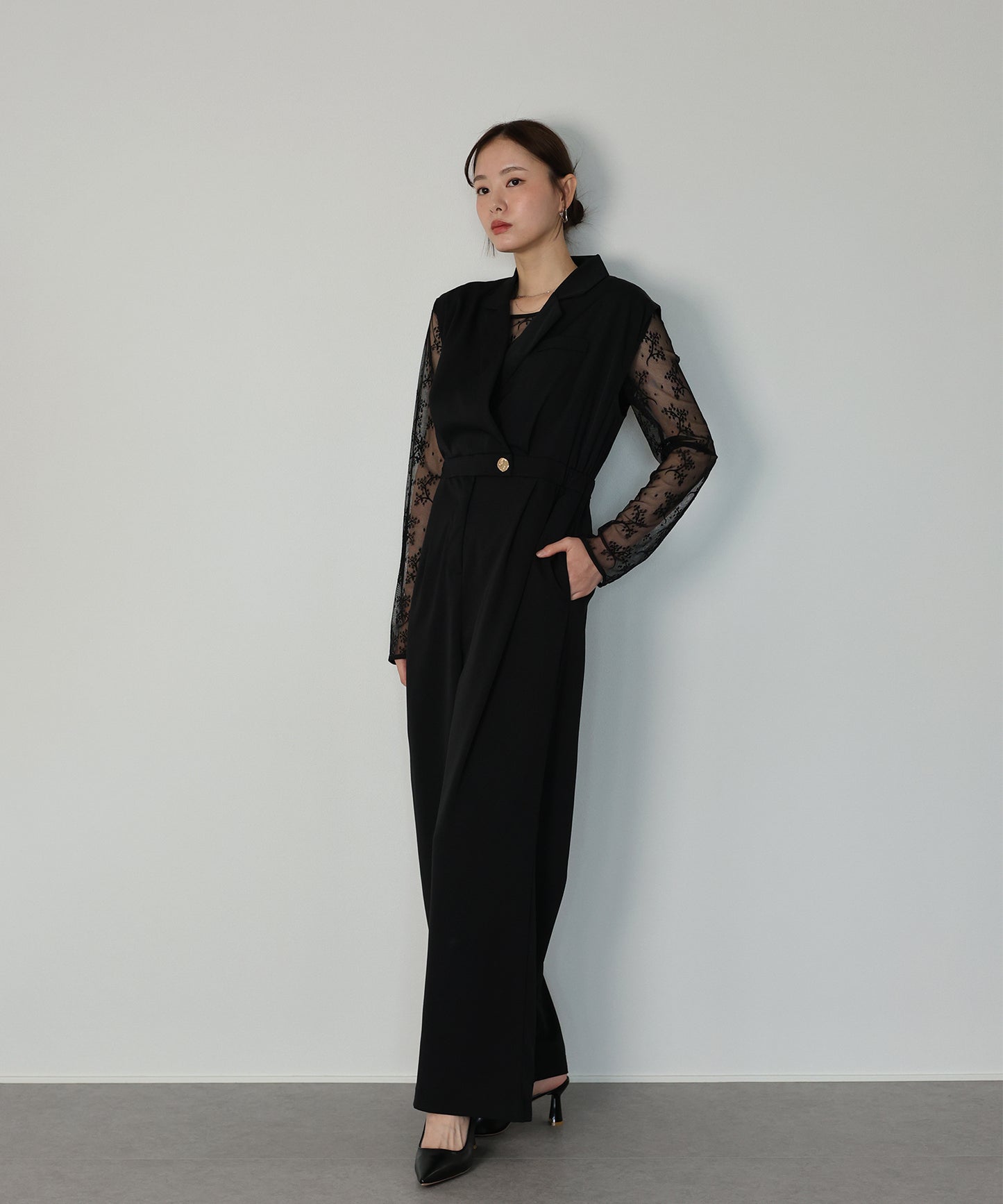 【早割5％OFF】テーラードオールインワンパンツドレス+ジャガードチュールトップスSET