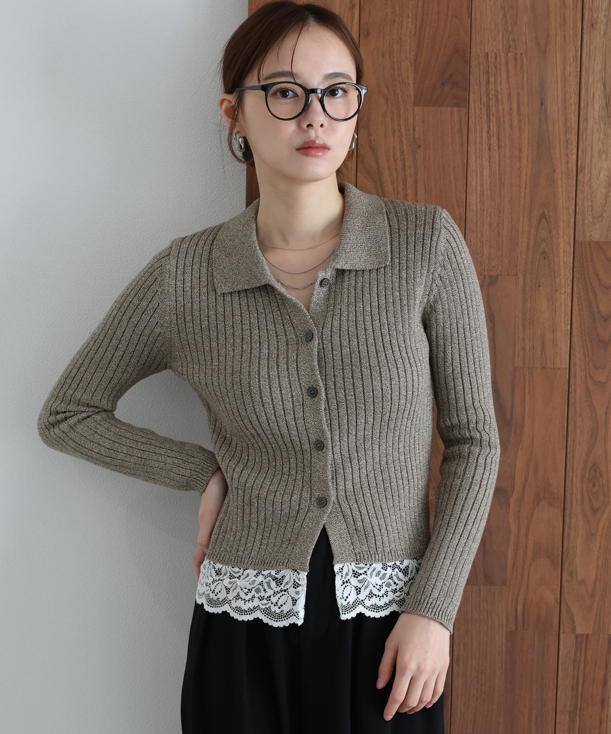 【早割5％OFF】レースヘムリブポロミックスニット