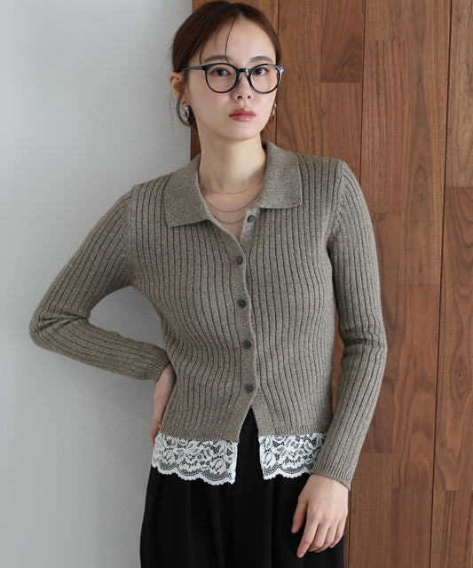 【早割5％OFF】レースヘムリブポロミックスニット