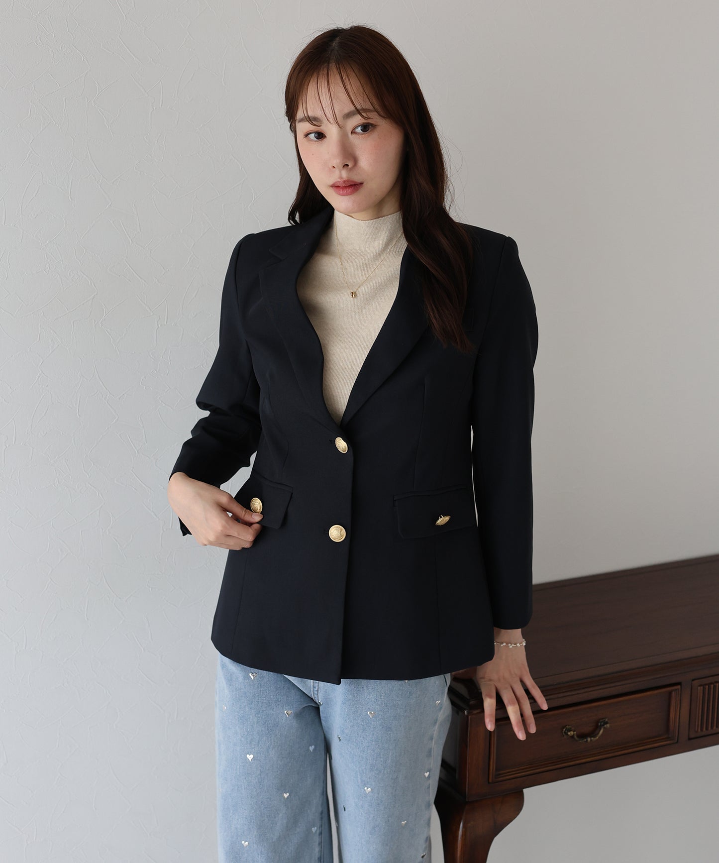 【TIME SALE】【ウォッシャブル】金ボタンダブルジャケット