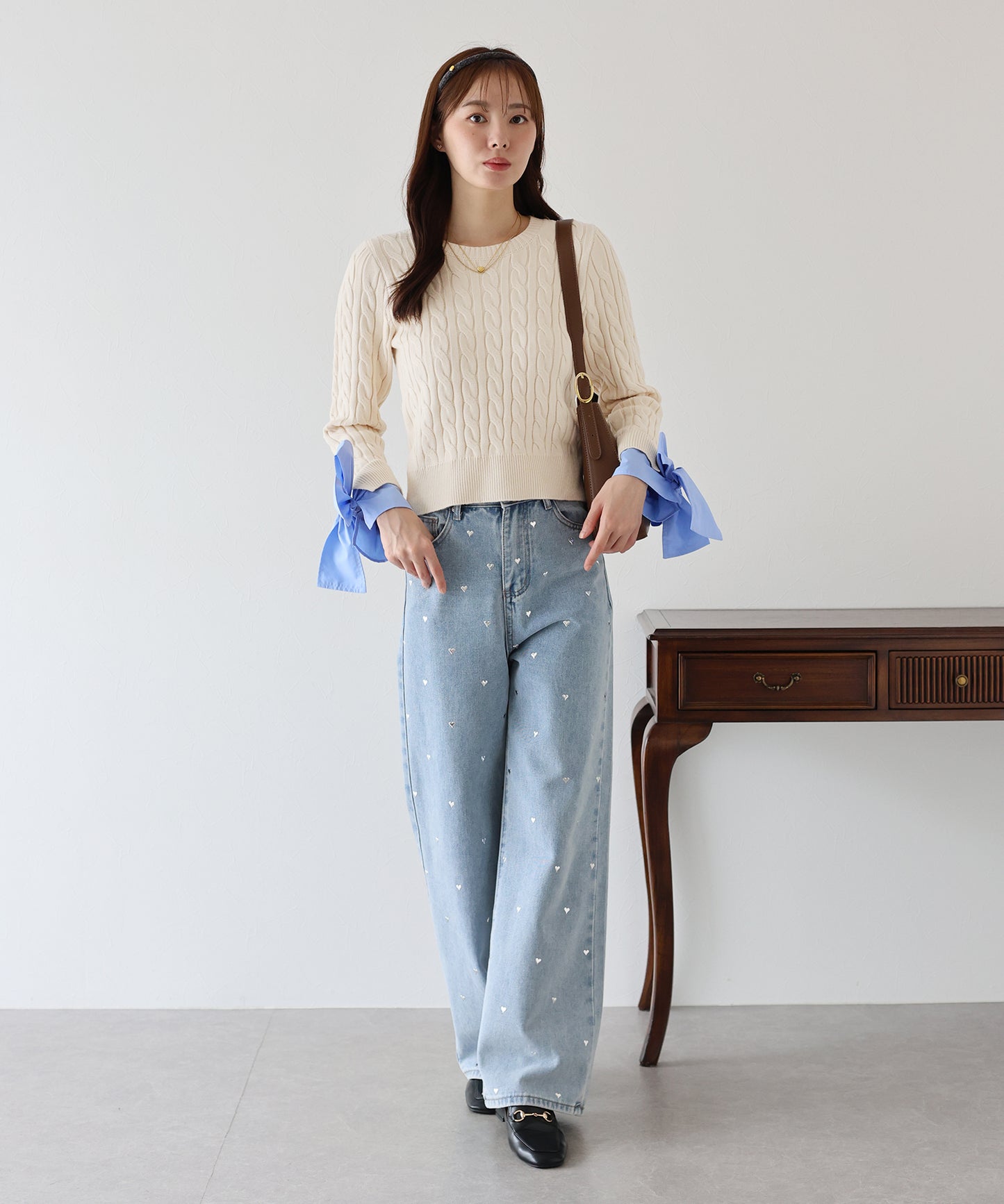【早割5％OFF】リボン袖ドッキングケーブルニット
