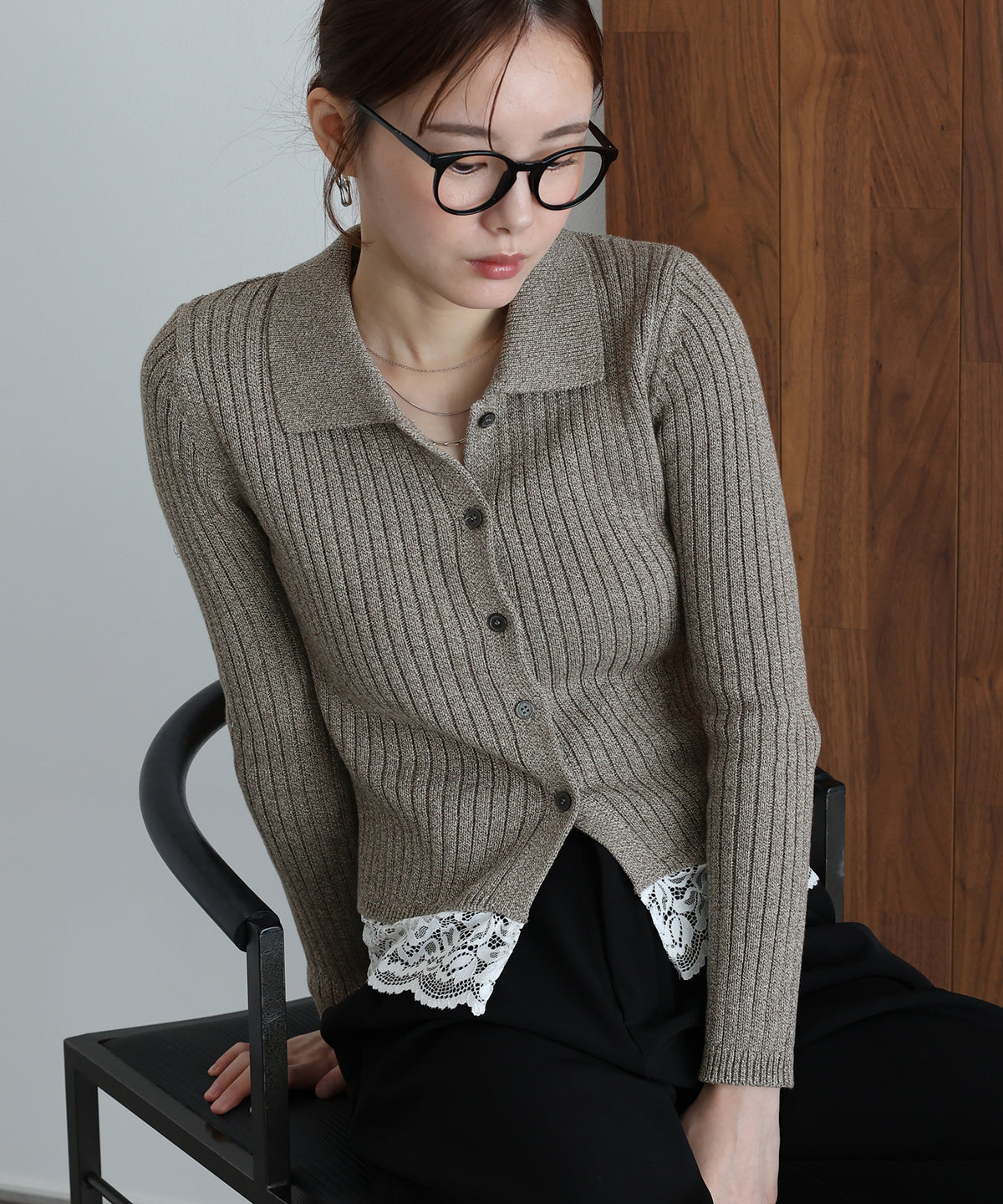 【早割5％OFF】レースヘムリブポロミックスニット