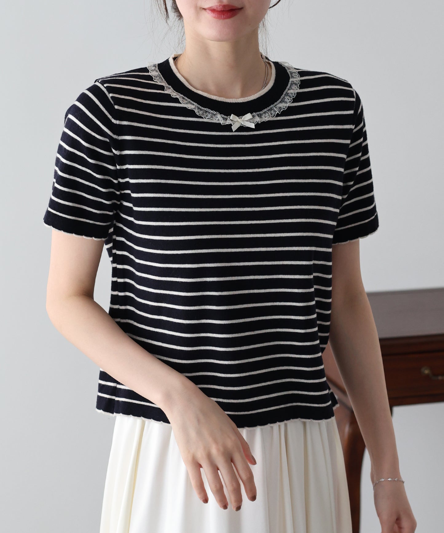 【SALE】レースリボンボーダーニット