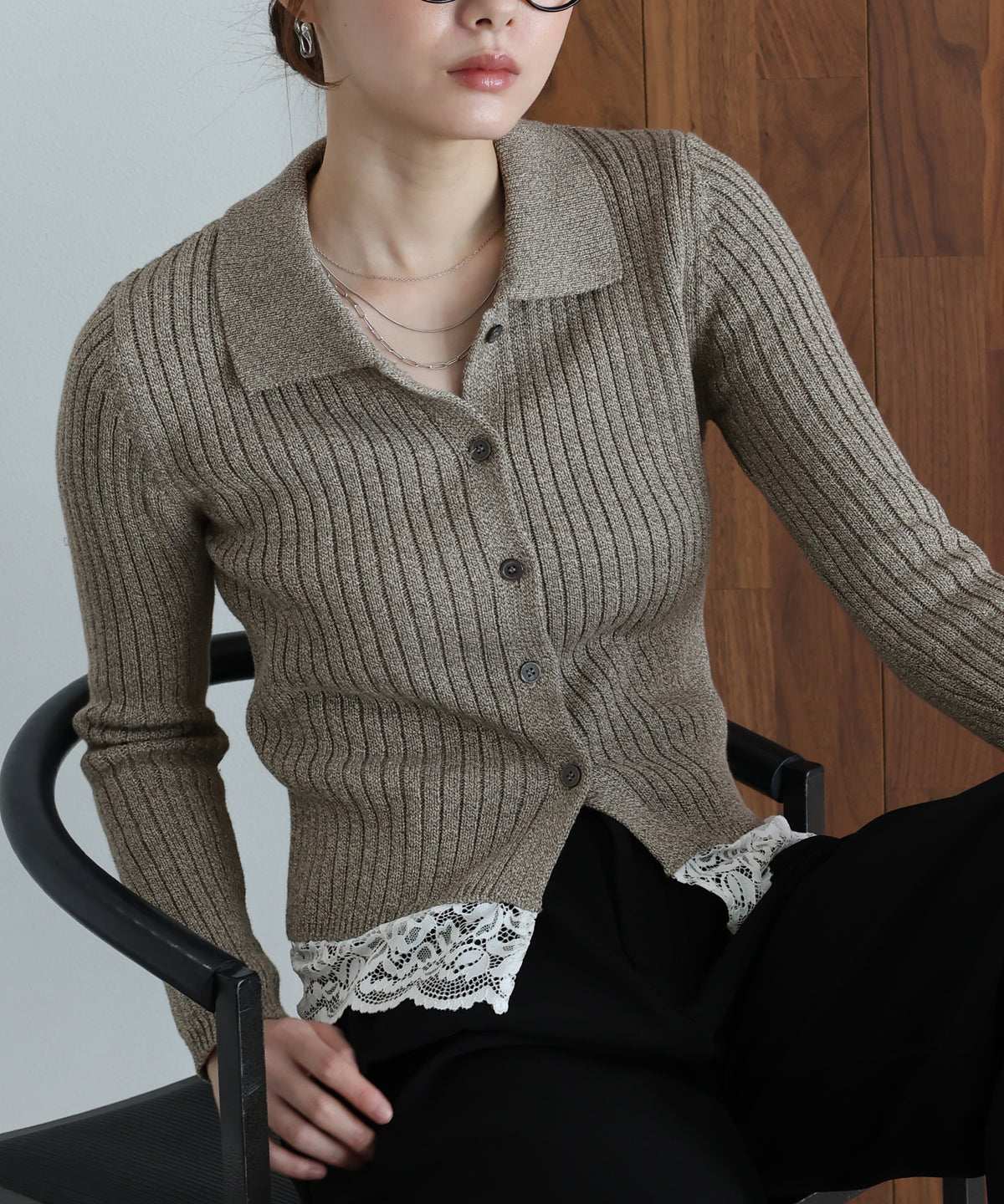 【早割5％OFF】レースヘムリブポロミックスニット