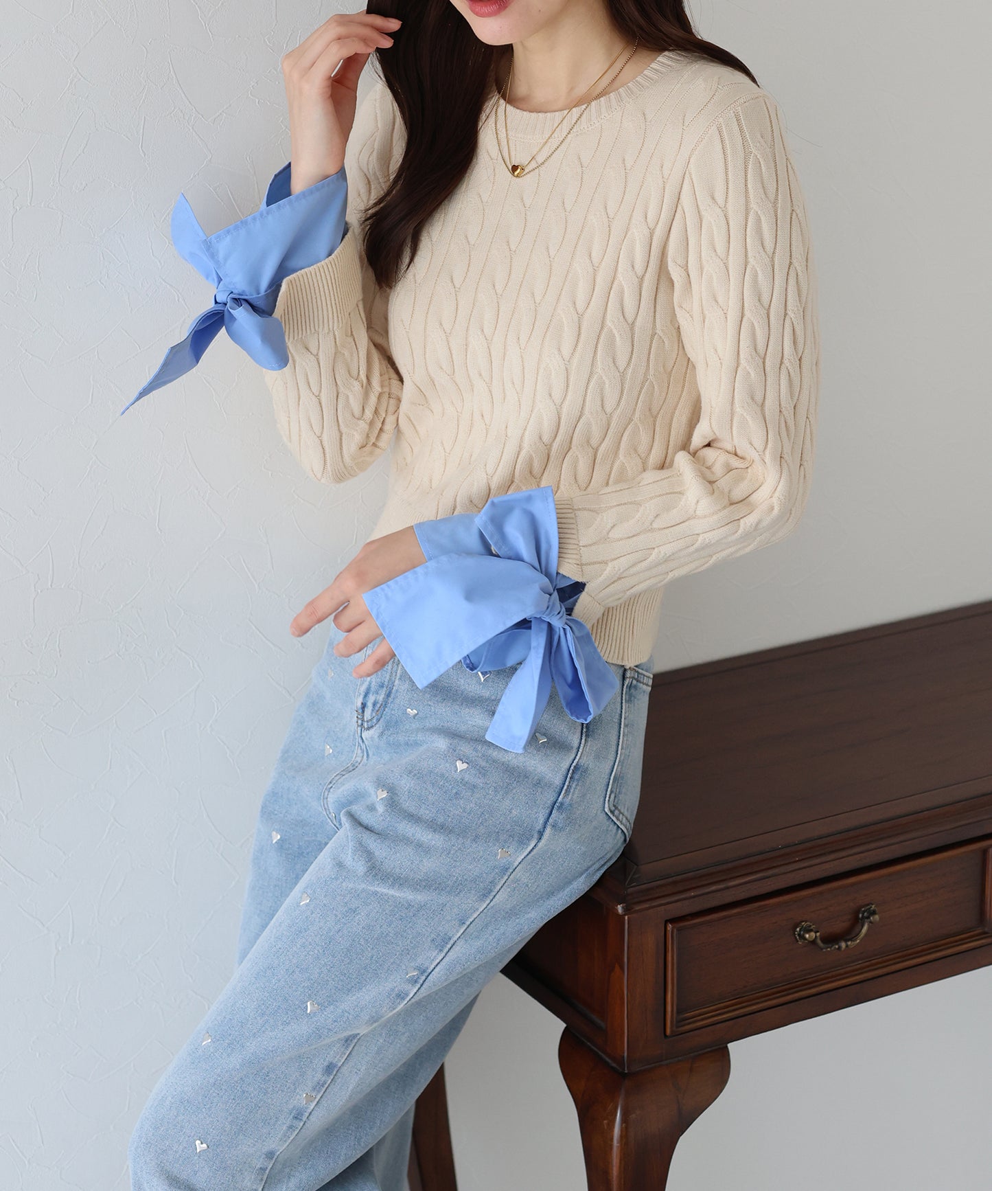 【早割5％OFF】リボン袖ドッキングケーブルニット