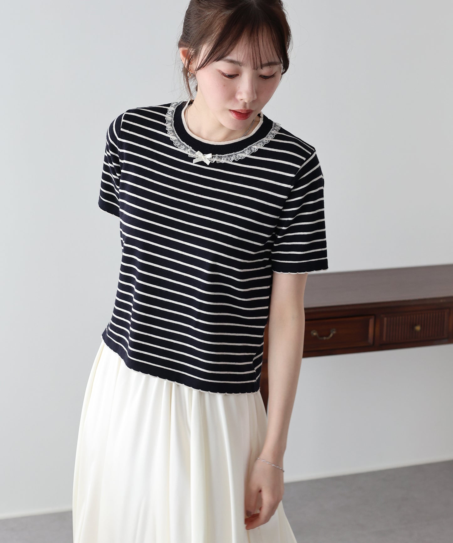 【SALE】レースリボンボーダーニット