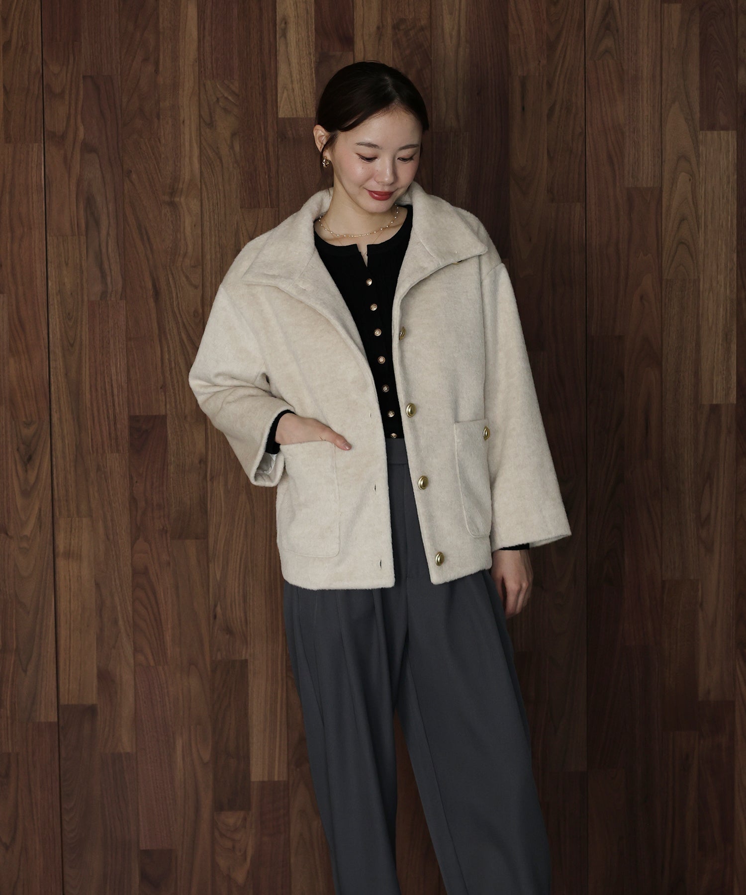 ゴールドボタンスタンドウールシャギーコート – BLUE ONLINE