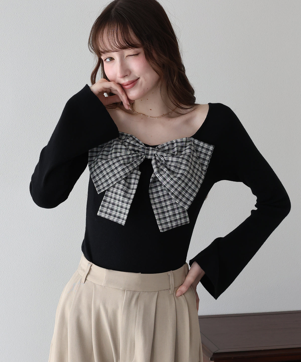 【早割5％OFF】チェックリボンオフショル二ット