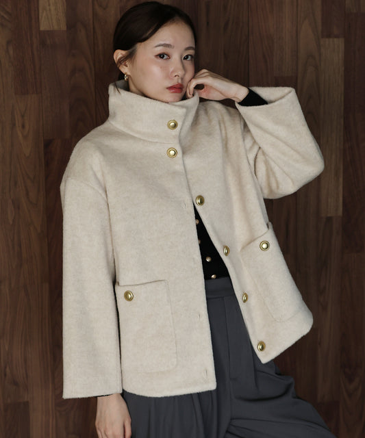 ゴールドボタンスタンドウールシャギーコート