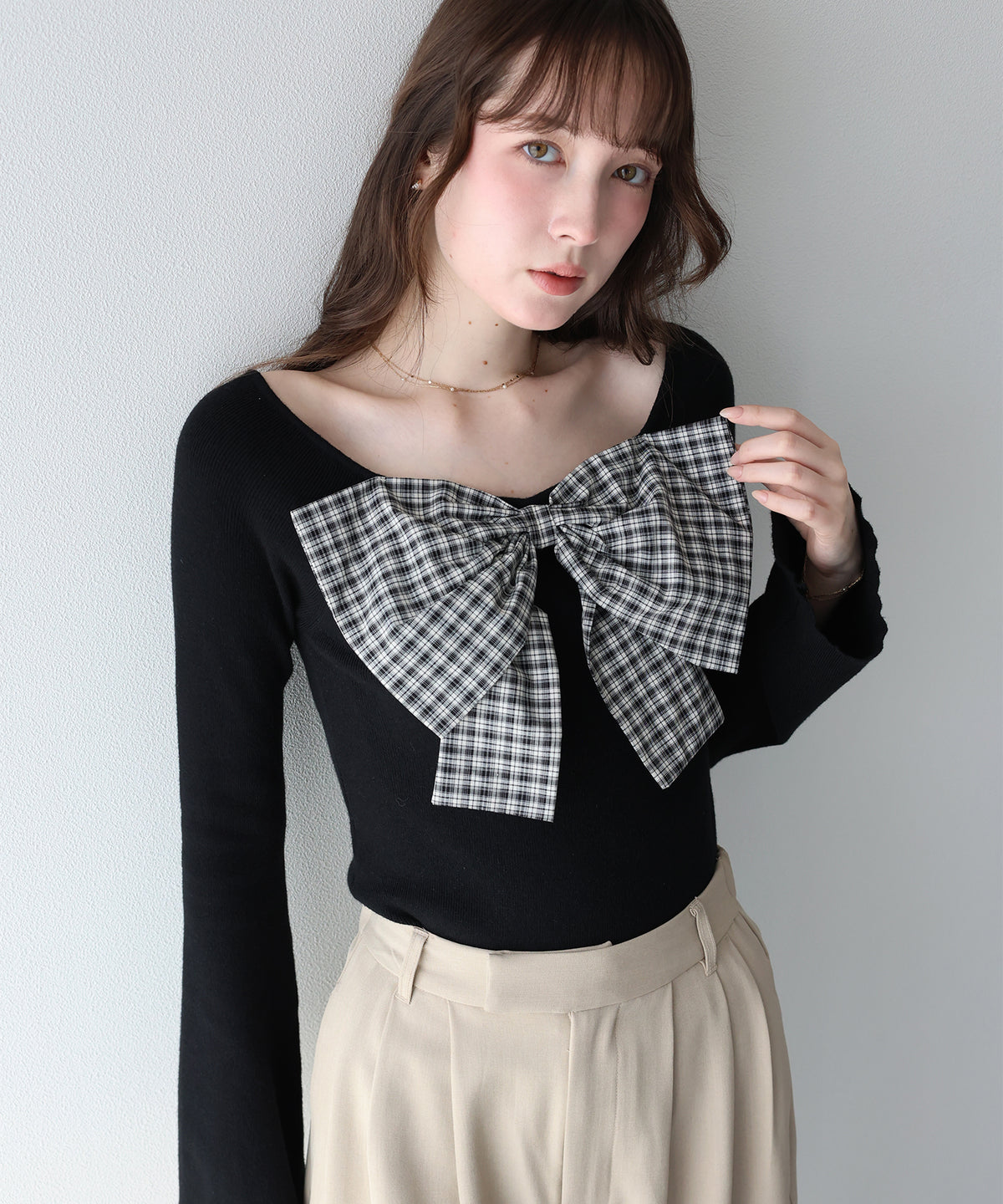 【早割5％OFF】チェックリボンオフショル二ット