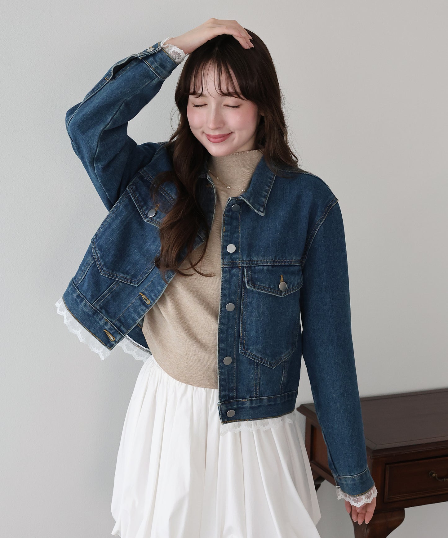 【早割5％OFF】レースドッキングデニムジャケット