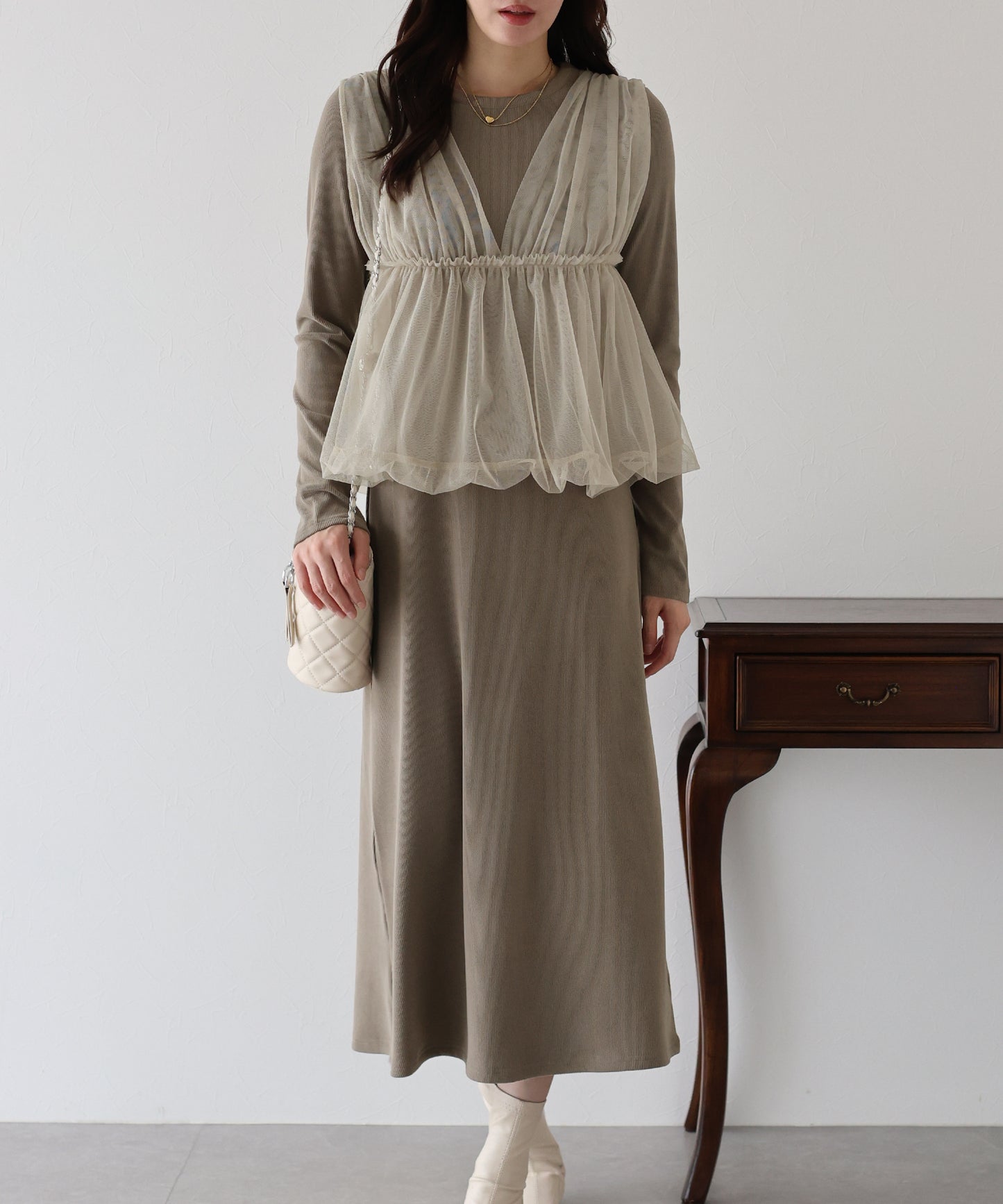 【早割5％OFF】チュールバルーンドッキングワンピース
