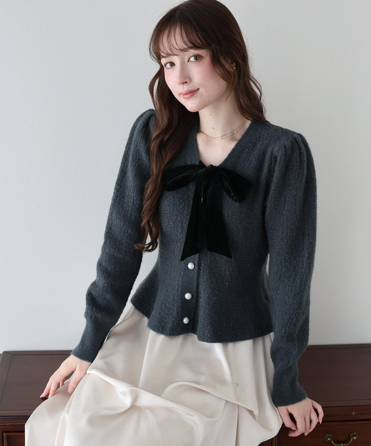 【早割5％OFF】ベロアリボンペプラムカーディガン
