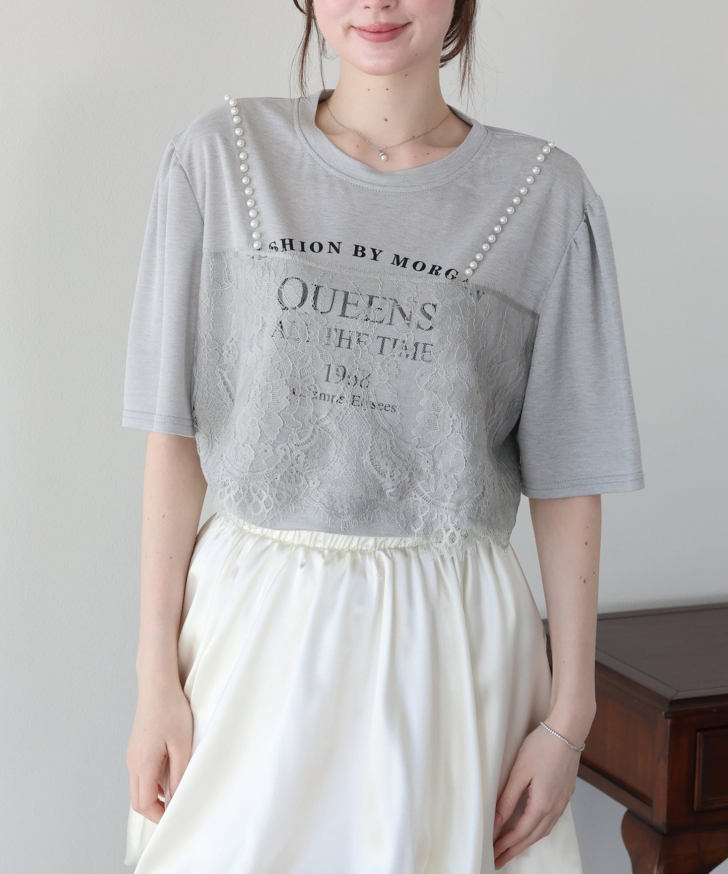 パール付きレースドッキングロゴTシャツ【メール便】