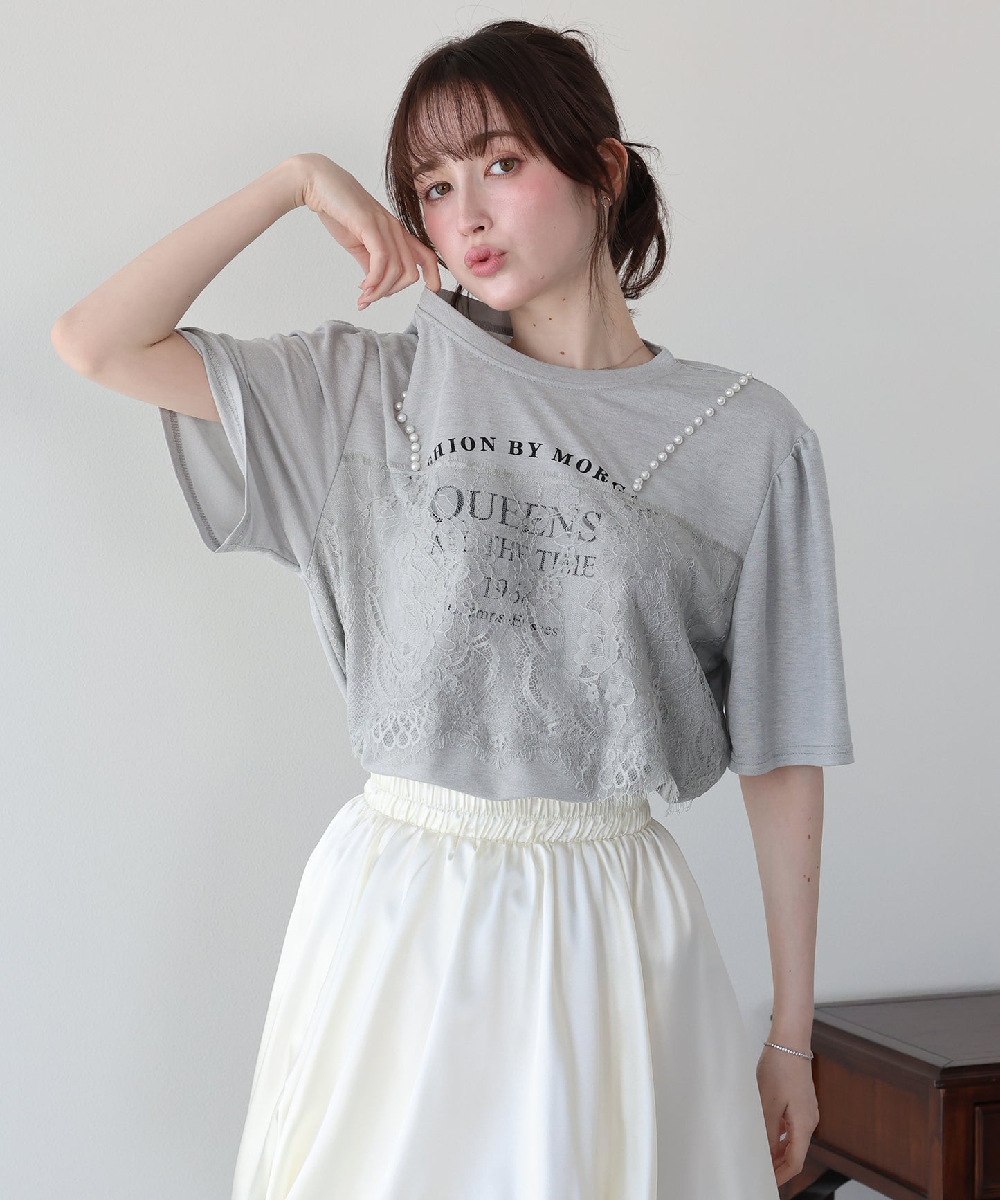 パール付きレースドッキングロゴTシャツ【メール便】