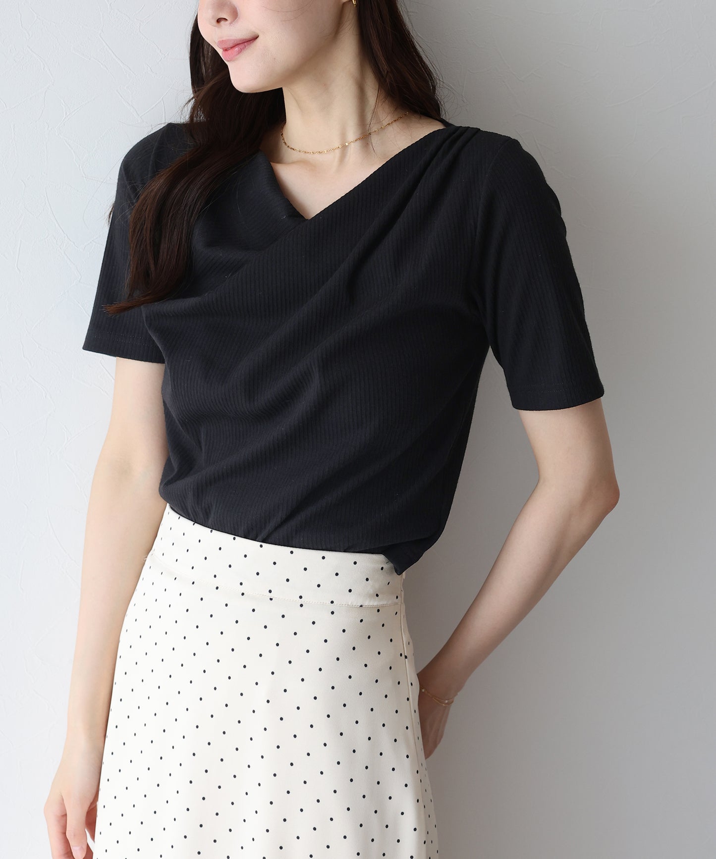 【新商品限定5％OFF（木）】ドレープネックリブTシャツ【ネコポス】