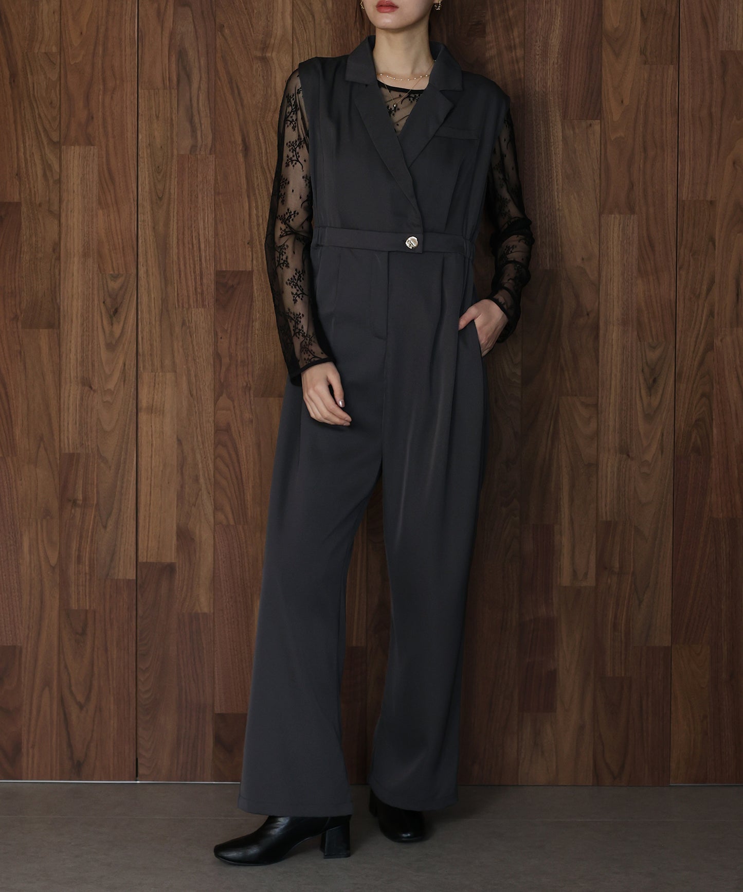 テーラードオールインワンパンツドレス+ジャガードチュールトップスSET