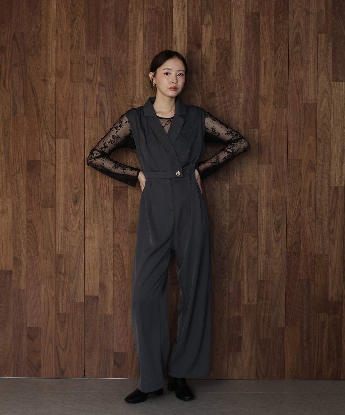 テーラードオールインワンパンツドレス+ジャガードチュールトップスSET