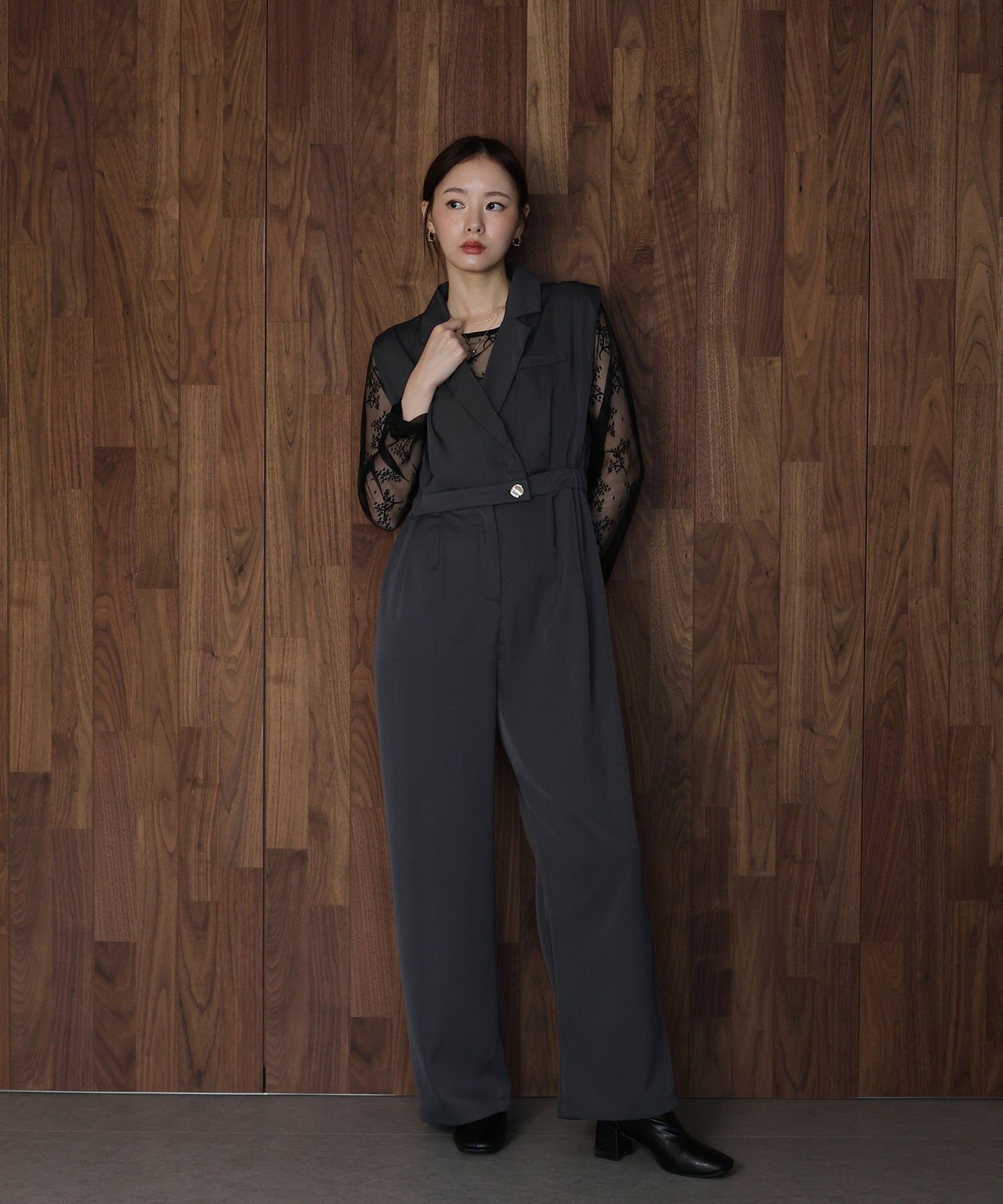 テーラードオールインワンパンツドレス+ジャガードチュールトップスSET