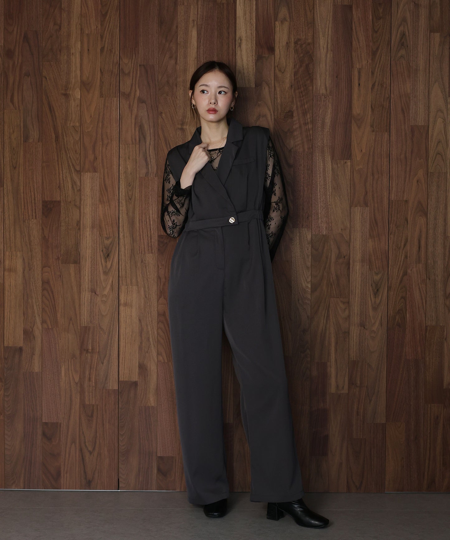 【早割5％OFF】テーラードオールインワンパンツドレス+ジャガードチュールトップスSET