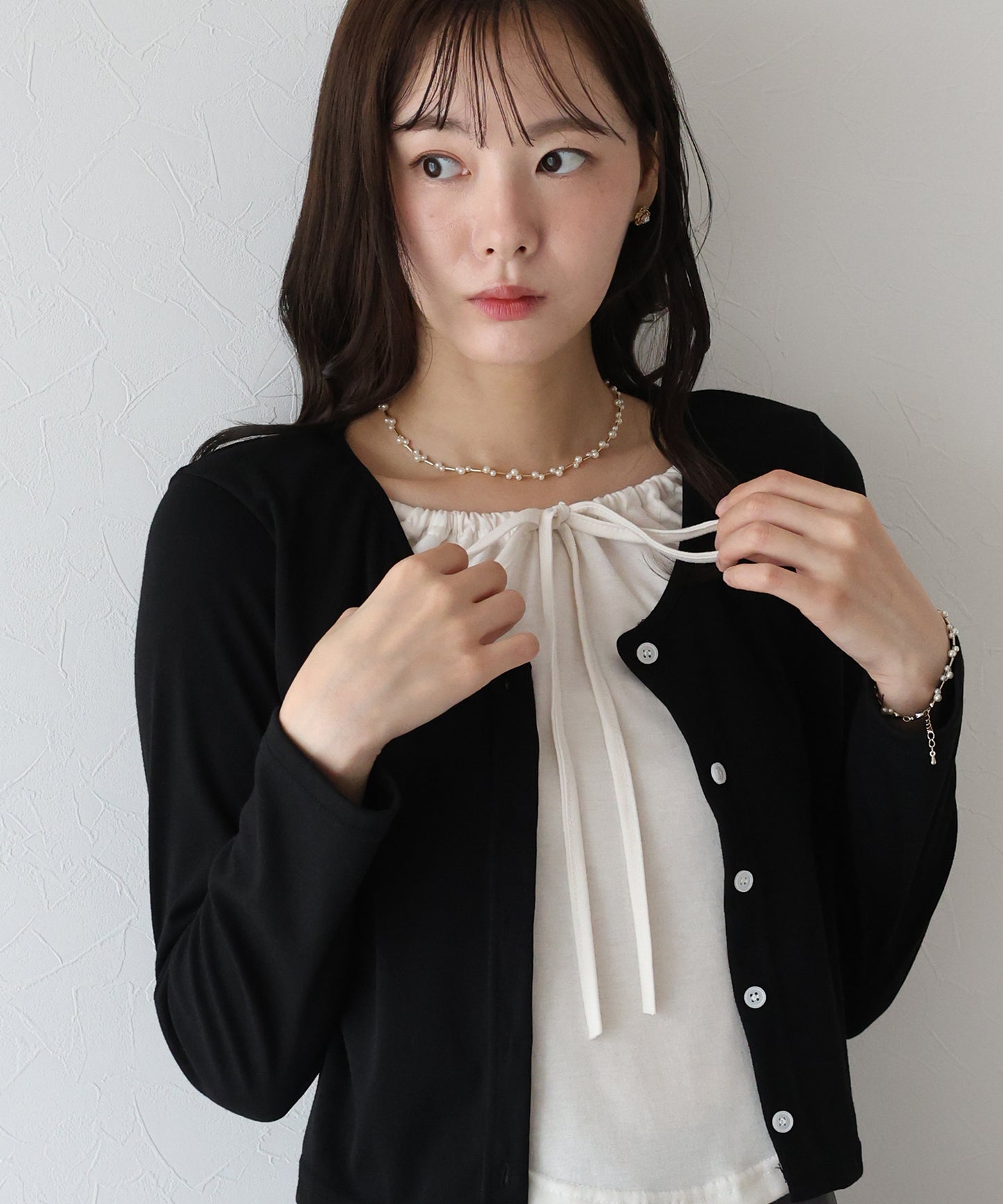 【早割5％OFF】リボン付きレイヤード風トップス
