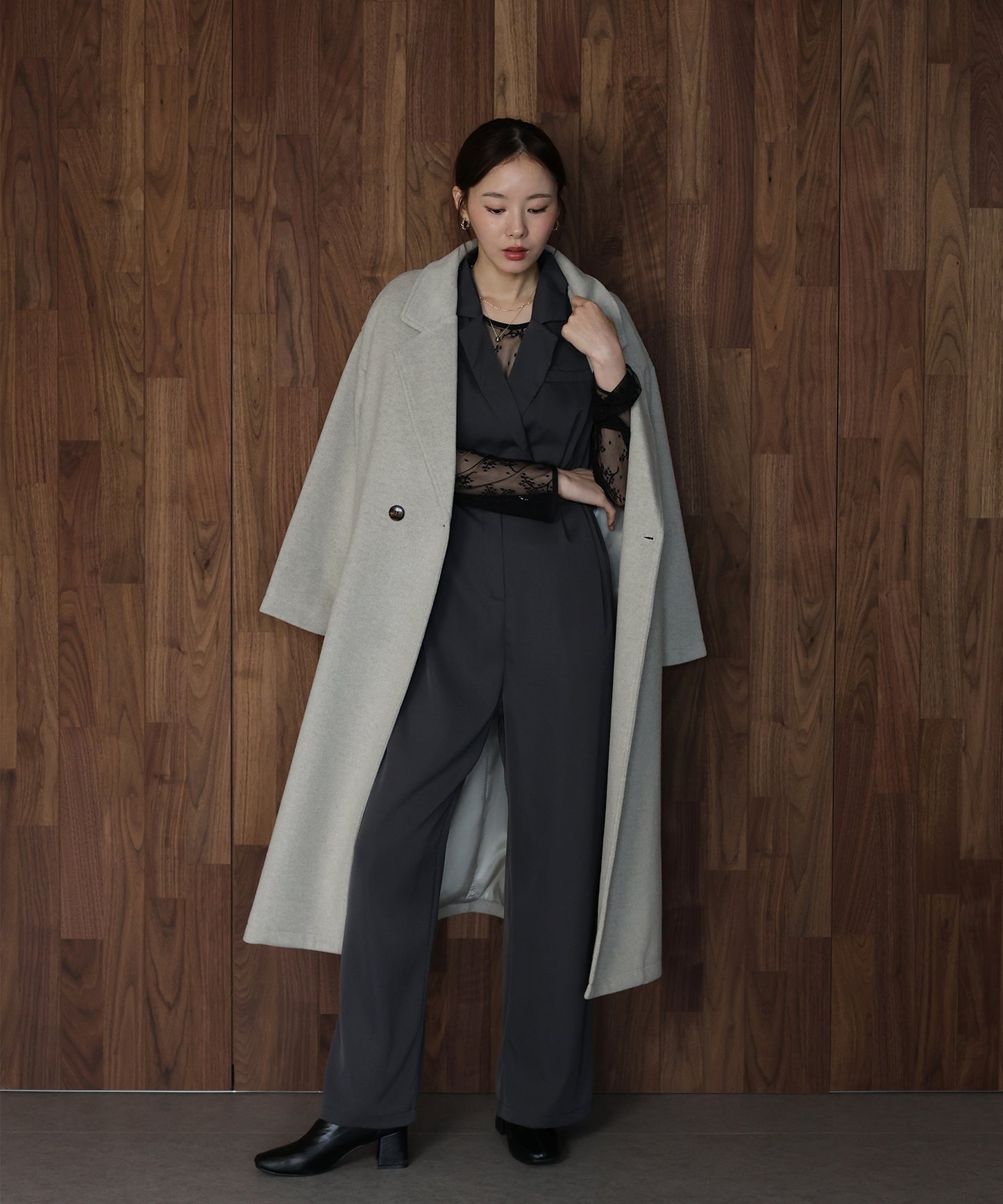 テーラードオールインワンパンツドレス+ジャガードチュールトップスSET