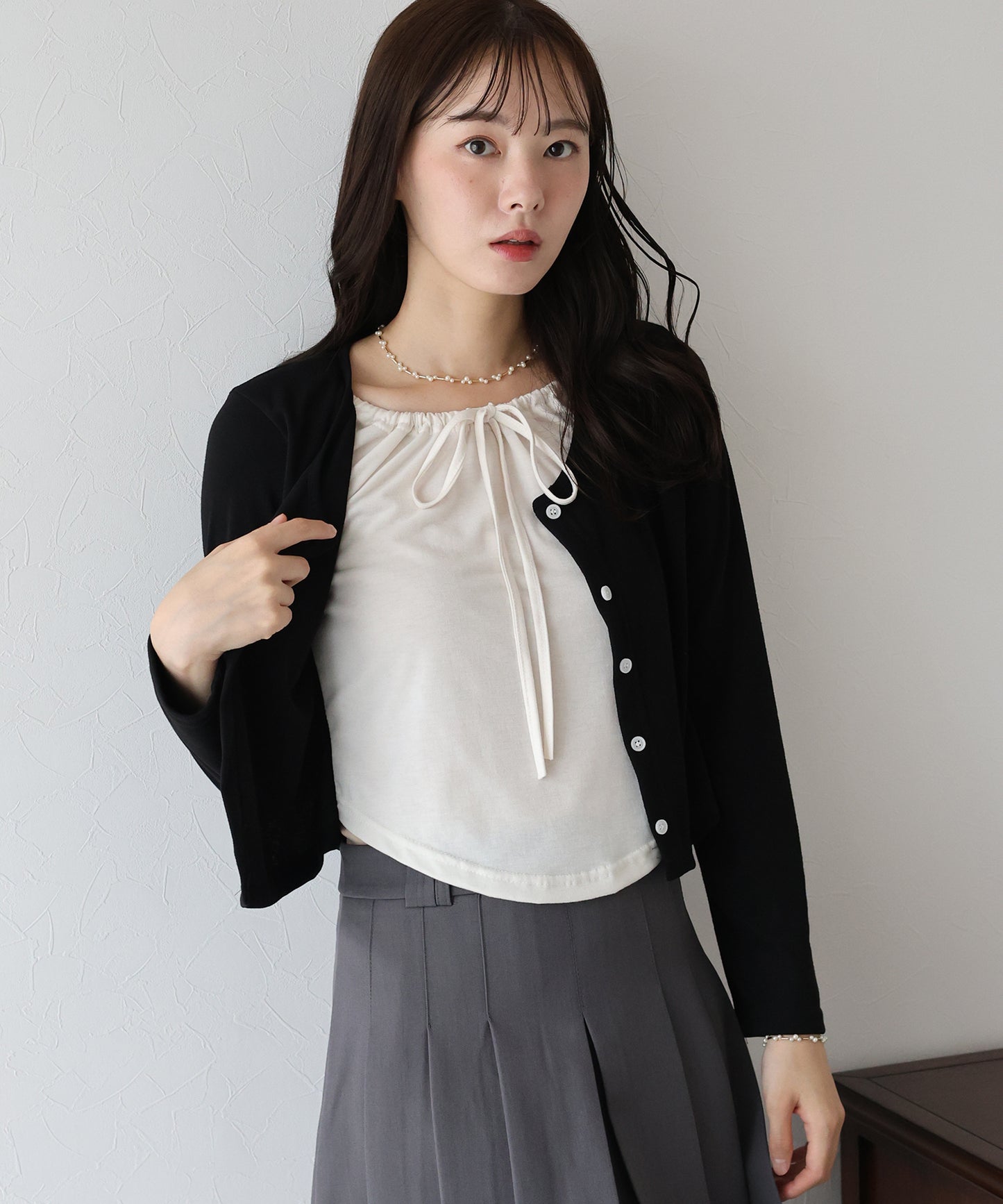 【早割5％OFF】リボン付きレイヤード風トップス