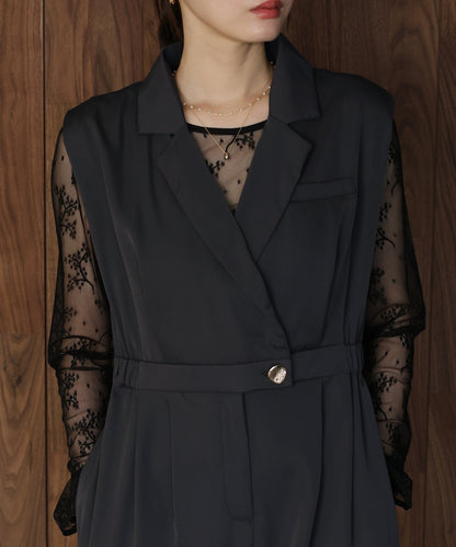 テーラードオールインワンパンツドレス+ジャガードチュールトップスSET