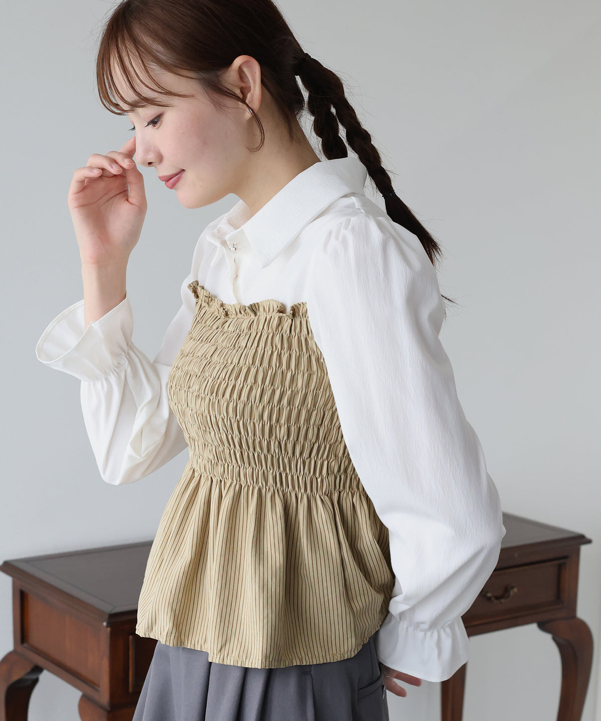 【早割5％OFF】ストライプビスチェレイヤードライクシャツ【メール便】