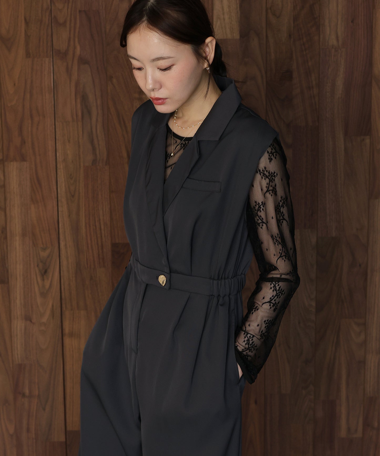 テーラードオールインワンパンツドレス+ジャガードチュールトップスSET