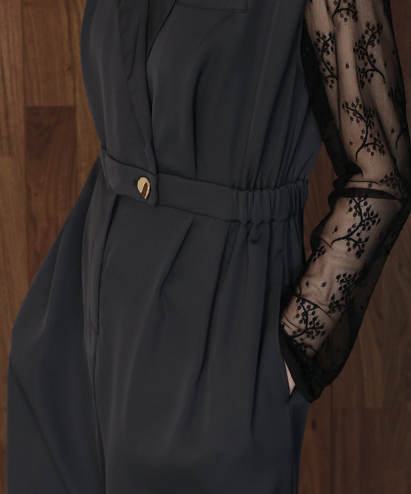 テーラードオールインワンパンツドレス+ジャガードチュールトップスSET