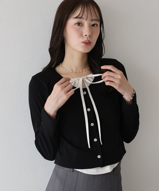 【早割5％OFF】リボン付きレイヤード風トップス