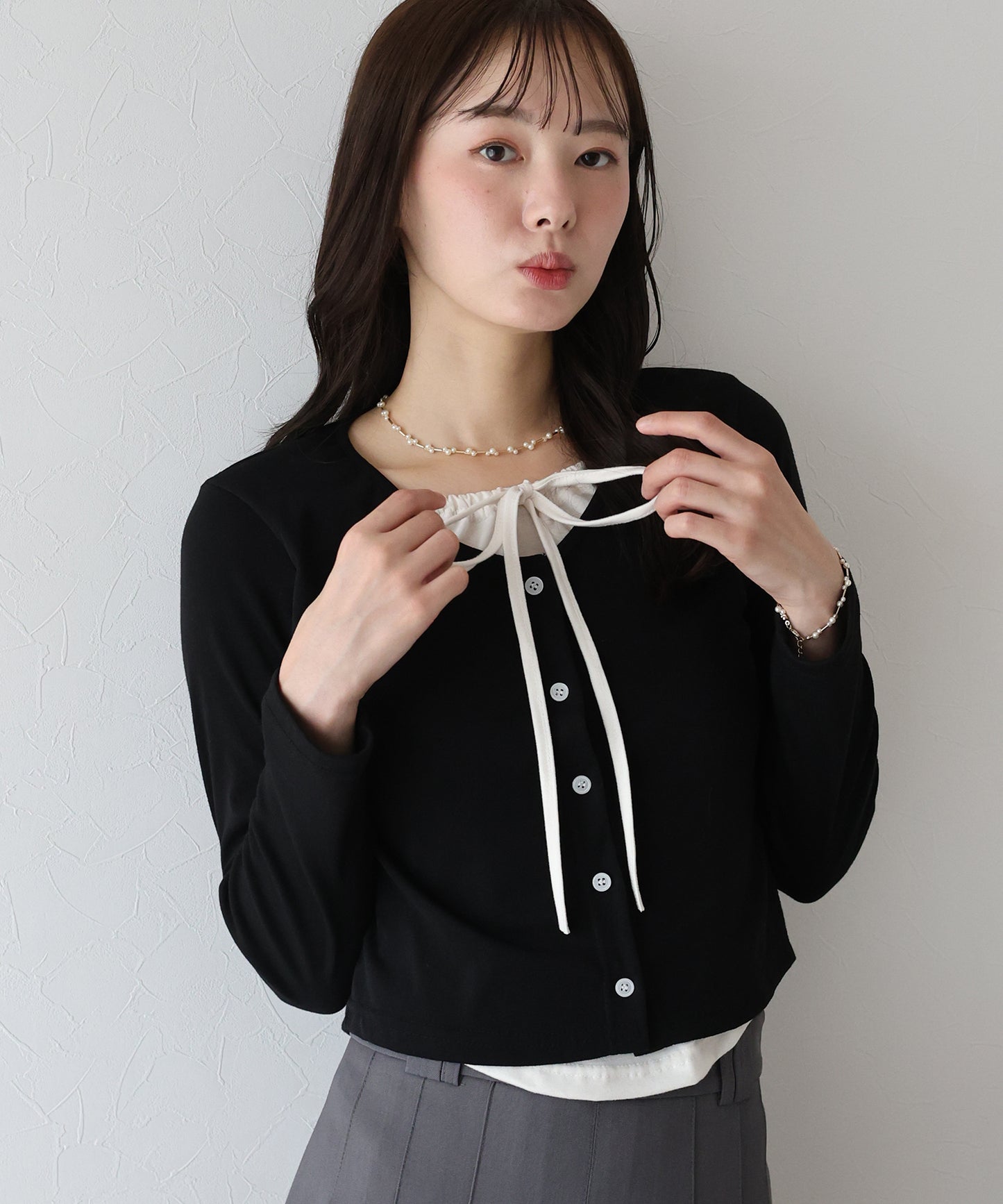 【早割5％OFF】リボン付きレイヤード風トップス