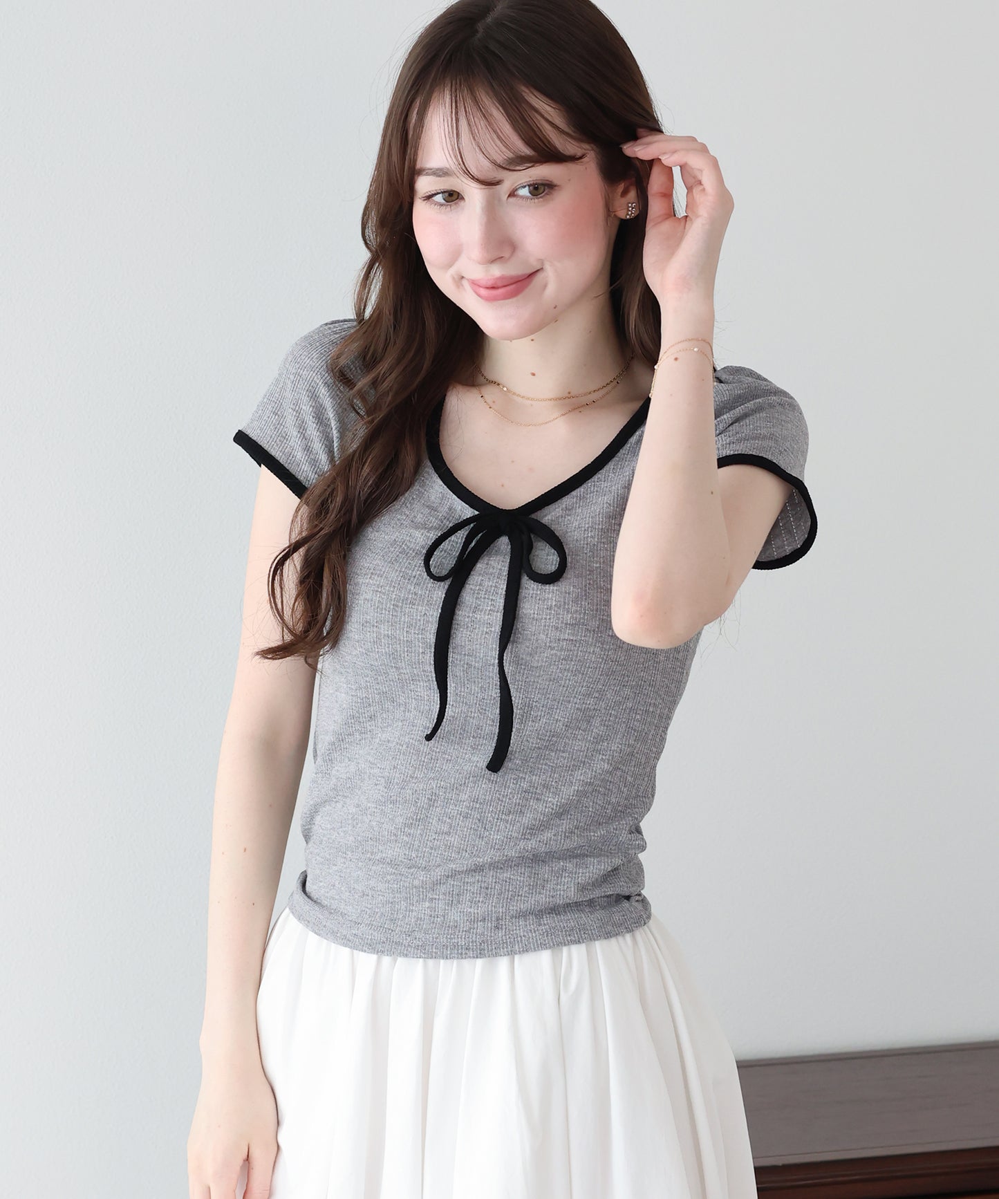 【SALE】バイカラーリボンカットソー【メール便】