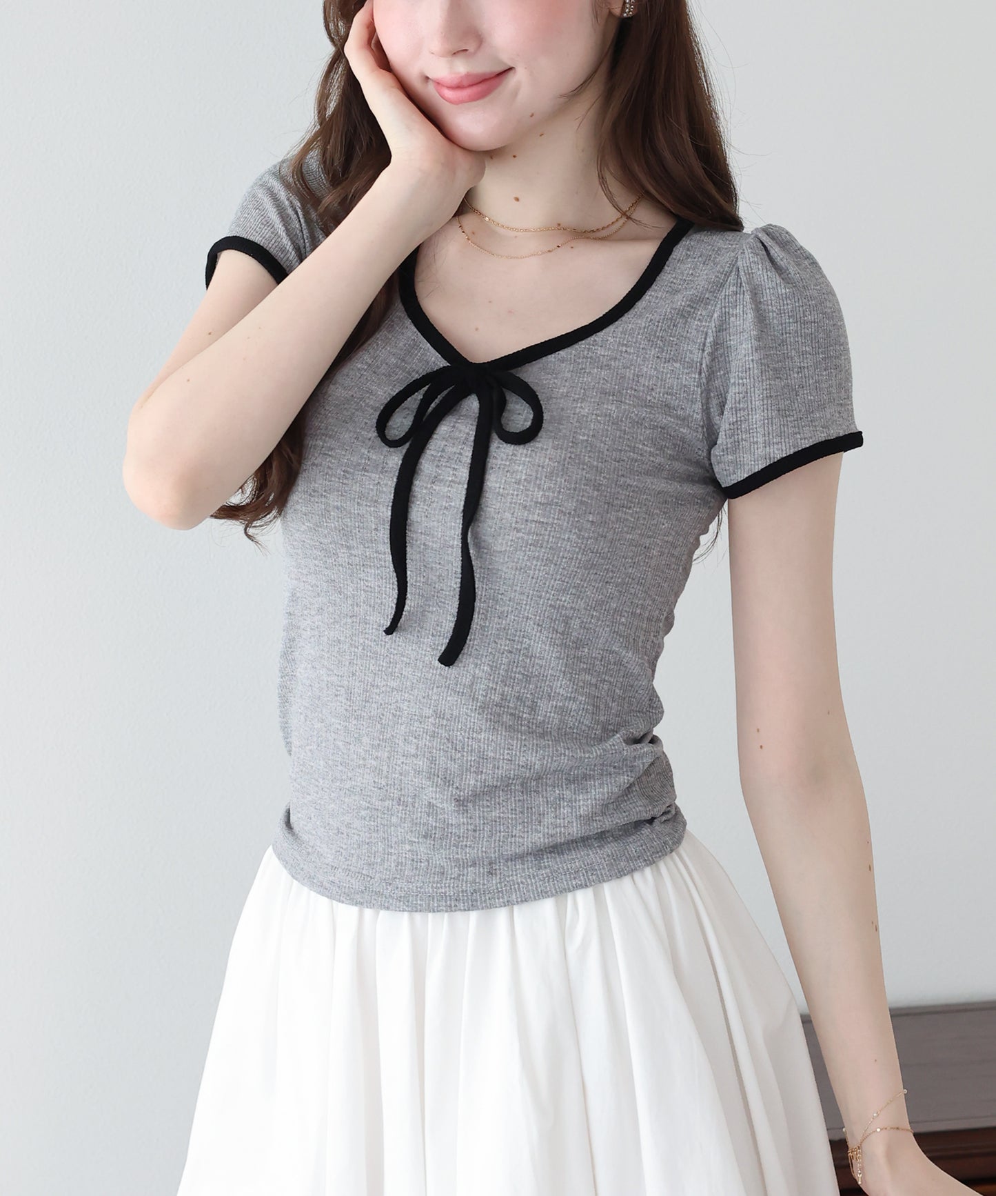 【SALE】バイカラーリボンカットソー【メール便】