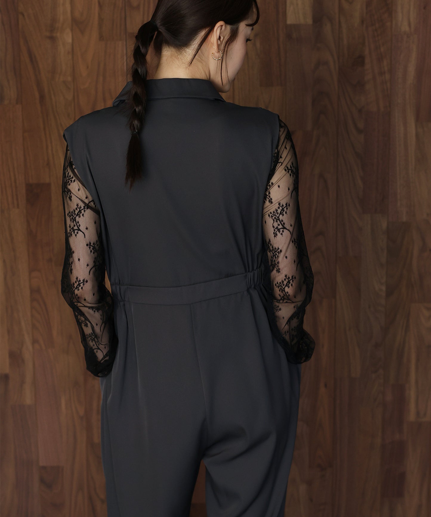 テーラードオールインワンパンツドレス+ジャガードチュールトップスSET