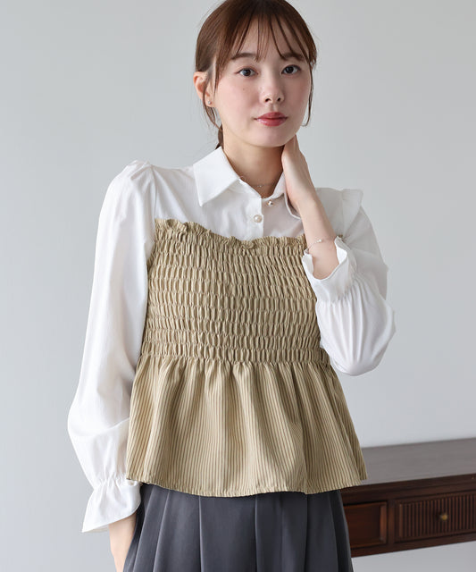 【早割5％OFF】ストライプビスチェレイヤードライクシャツ【メール便】