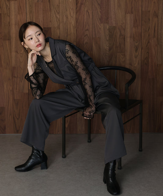 テーラードオールインワンパンツドレス+ジャガードチュールトップスSET