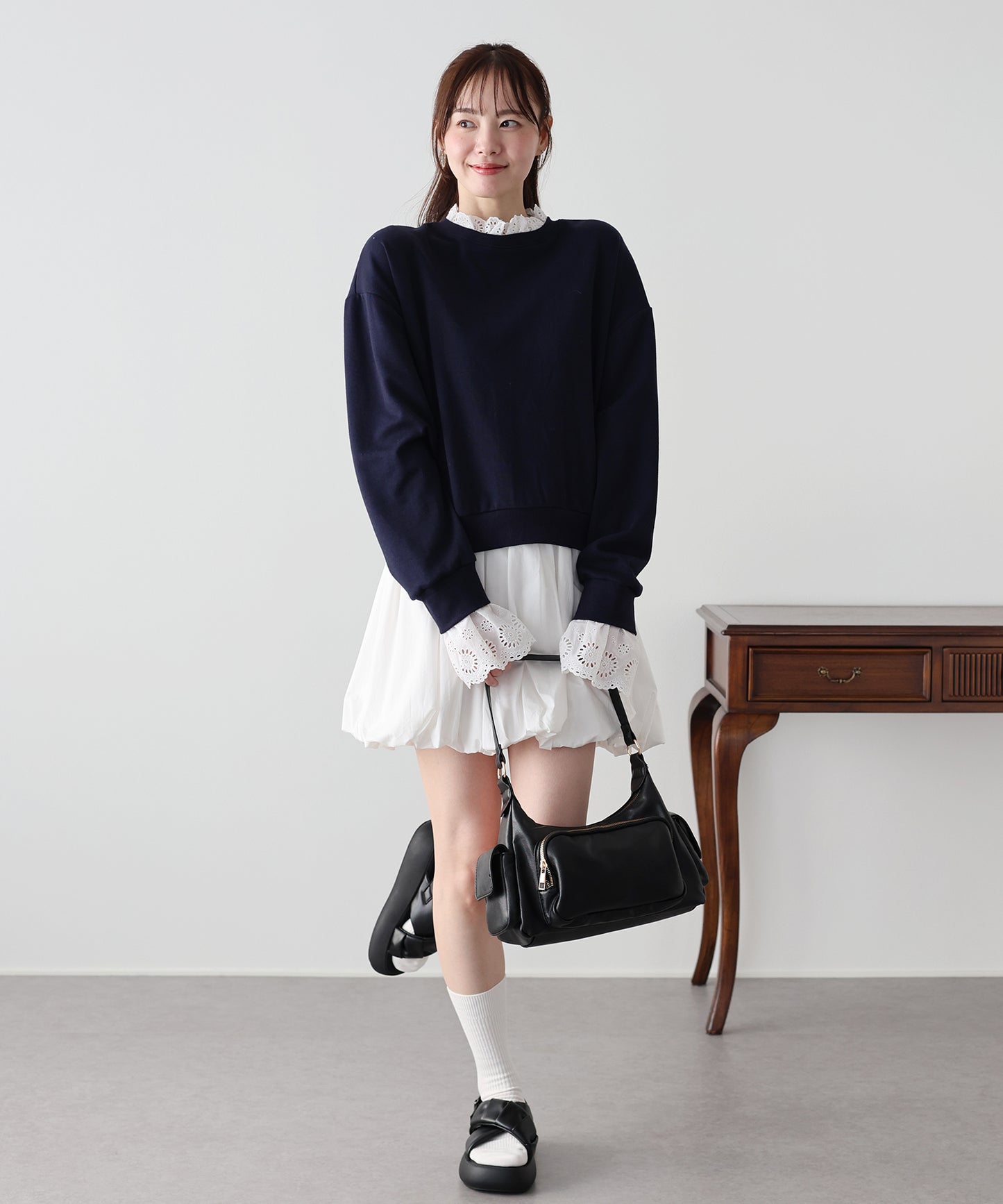 コットンレースレイヤードスウェット