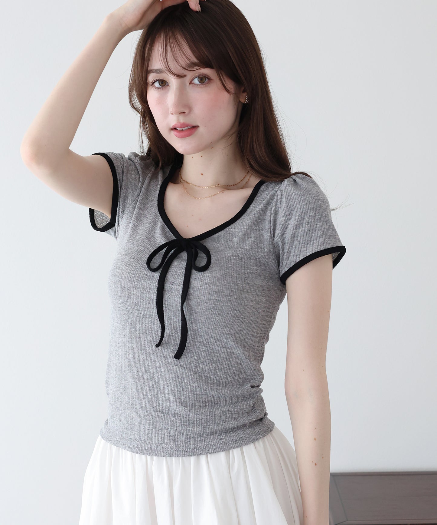 【SALE】バイカラーリボンカットソー【メール便】