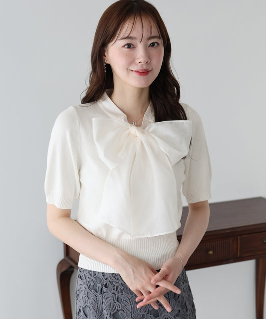 【早割5％OFF】シアーリボンボウタイ半袖ニット